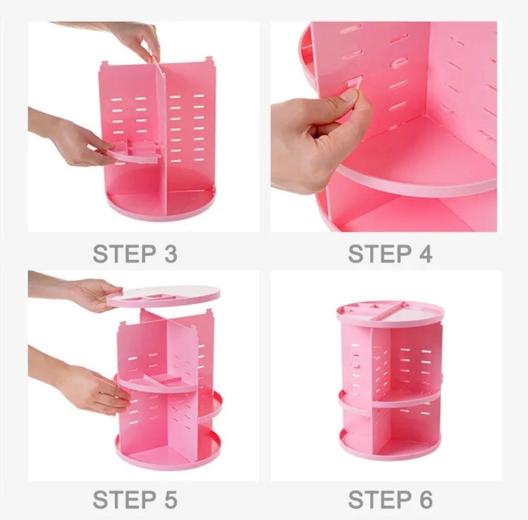 A pink rotating cosmetics and skincare organizer.