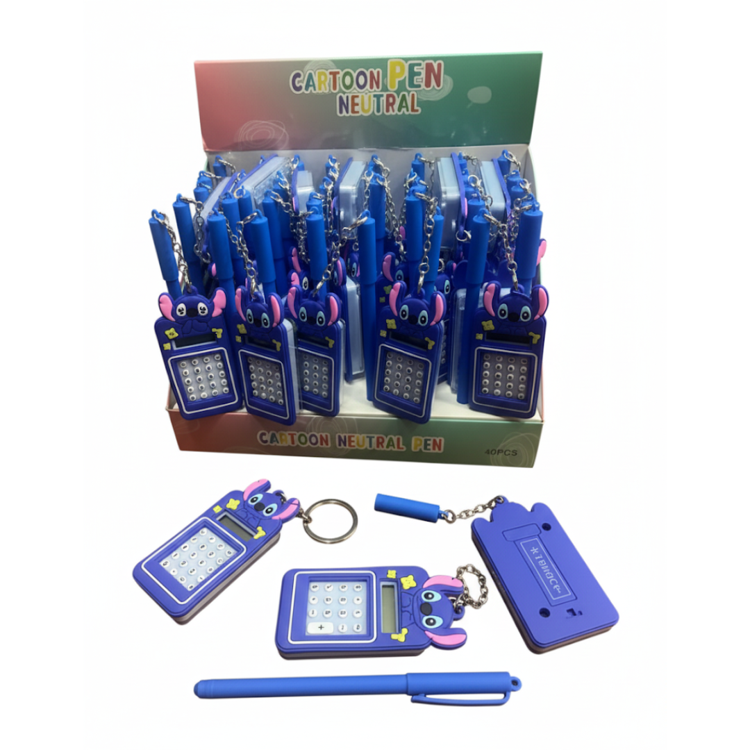 Stitch Cartoon Blue Pen with Mini Calculator – Keychain Combo