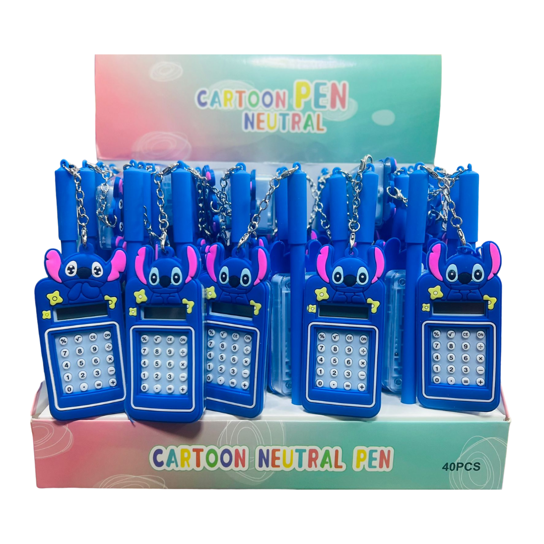 Stitch Cartoon Blue Pen with Mini Calculator – Keychain Combo