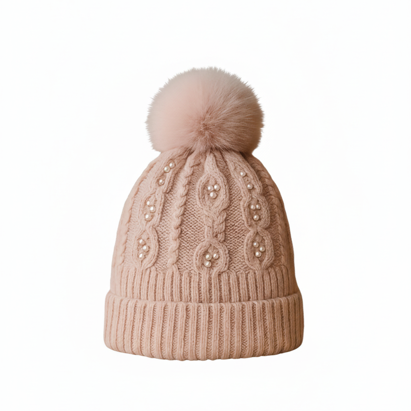 Soft Knit Beanie with Pearl Embellishments & Fur Pom