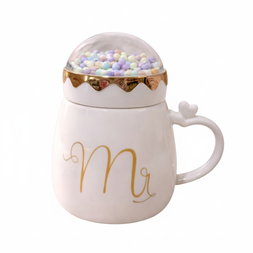 Elegant "Mr." Ceramic Mug with Decorative Snow Globe Lid