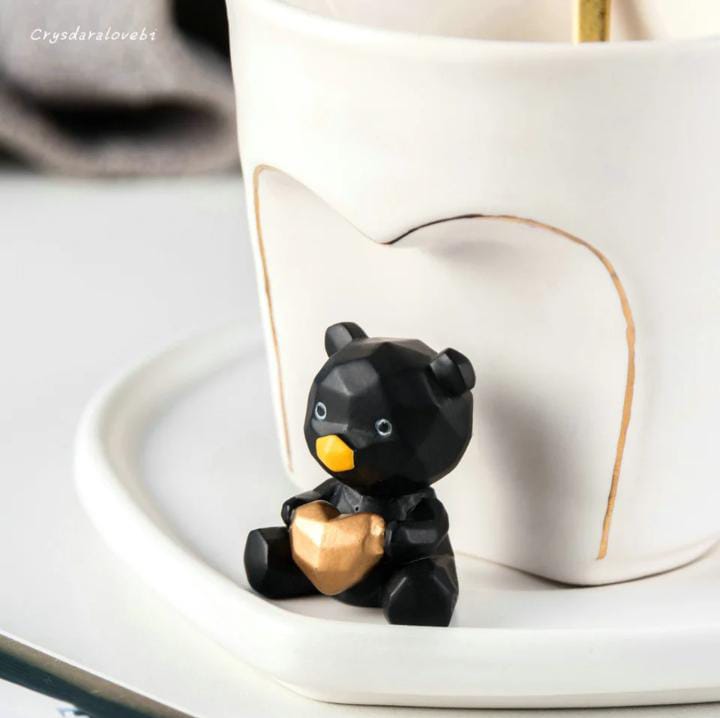 Heart-Shaped Ceramic Cup Set with Bear Figurine – Black & White