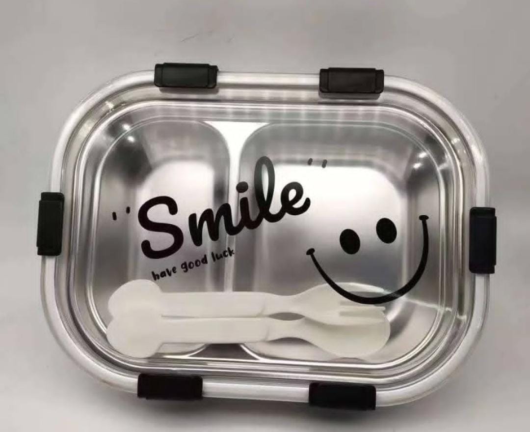 "Smile" Stainless Steel Lunch Box with Dual Compartments & Cutlery Set