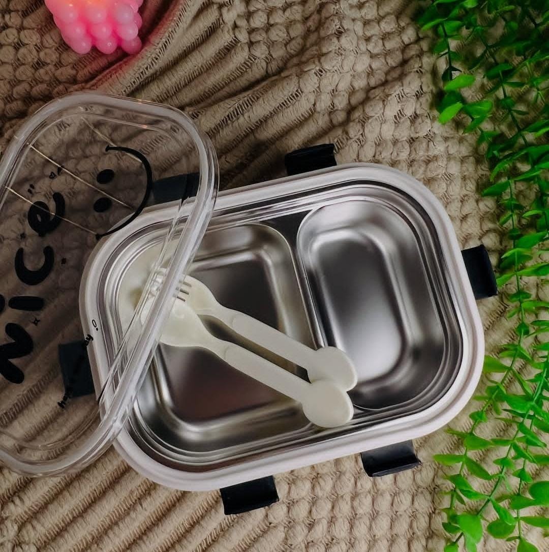"Smile" Stainless Steel Lunch Box with Dual Compartments & Cutlery Set