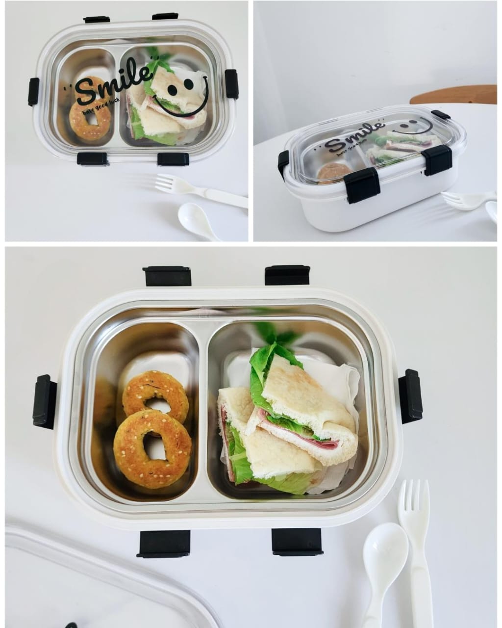 "Smile" Stainless Steel Lunch Box with Dual Compartments & Cutlery Set