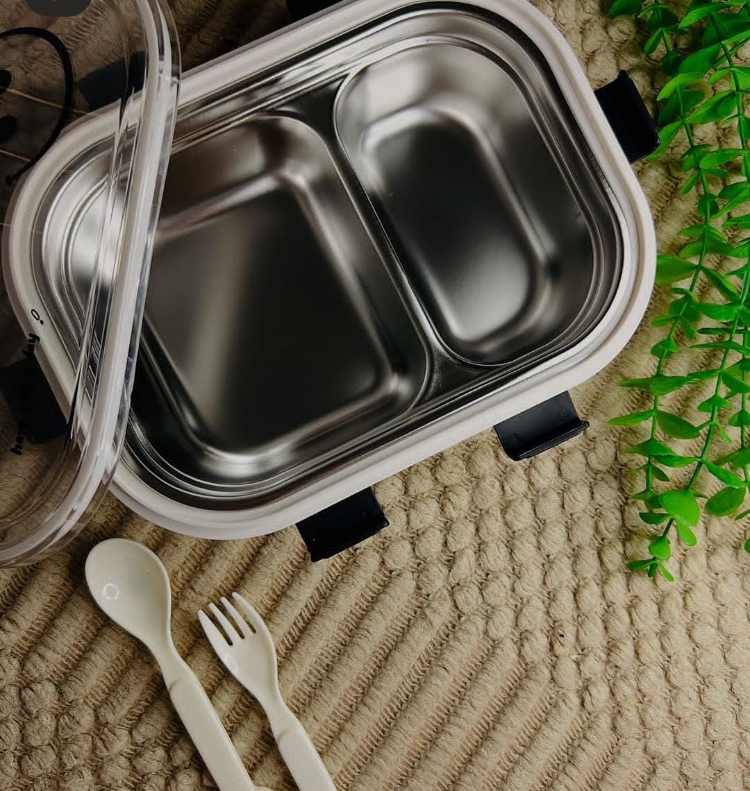 "Smile" Stainless Steel Lunch Box with Dual Compartments & Cutlery Set