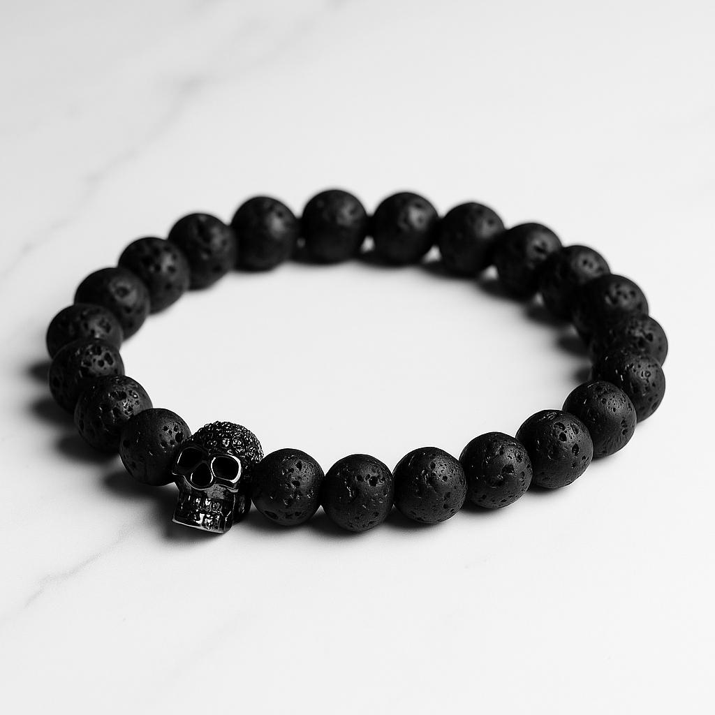 Black Beaded Bracelet with Rhinestone Skull