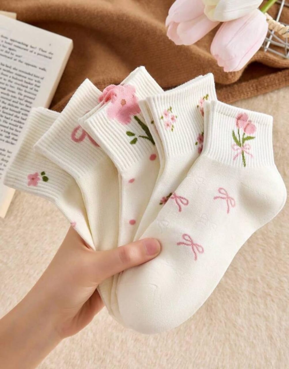Floral & Bow Embroidered Ankle Sock Set