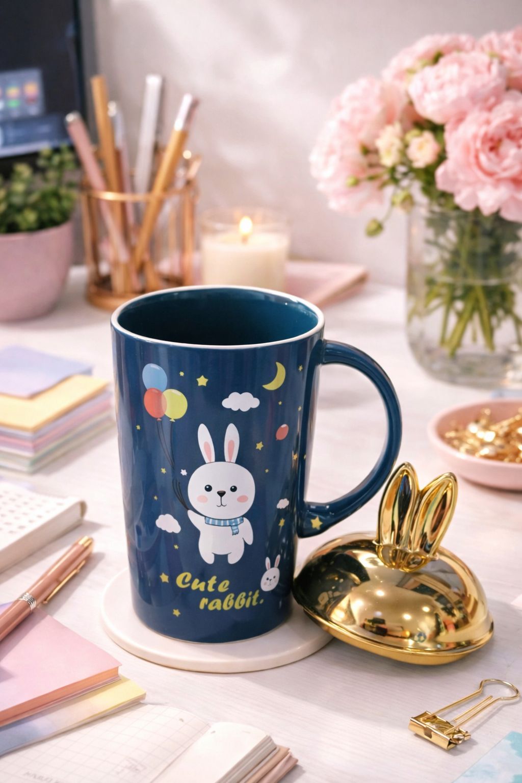 Whimsical "Cute Rabbit" Ceramic Mug with Golden Bunny Ear Lid