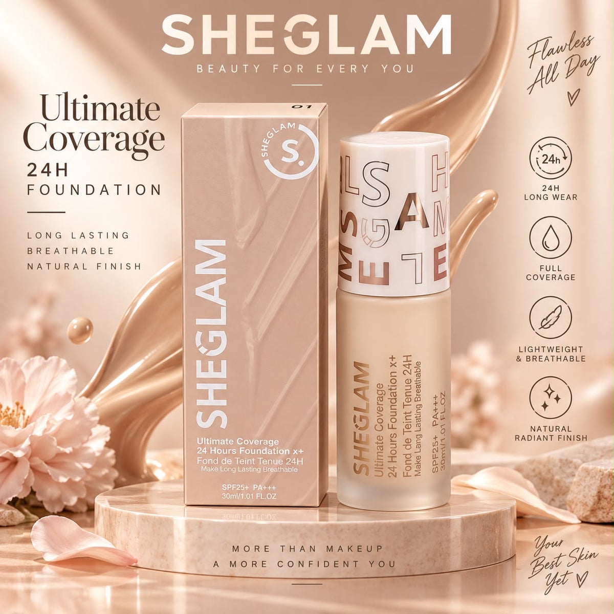 SHEGLAM Ultimate Coverage 24H Foundation – 30ml