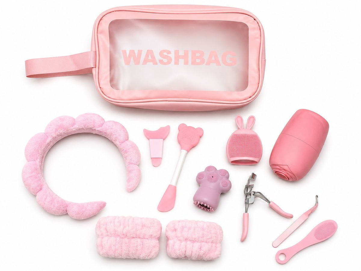 A pink multi-piece beauty and skincare accessory set