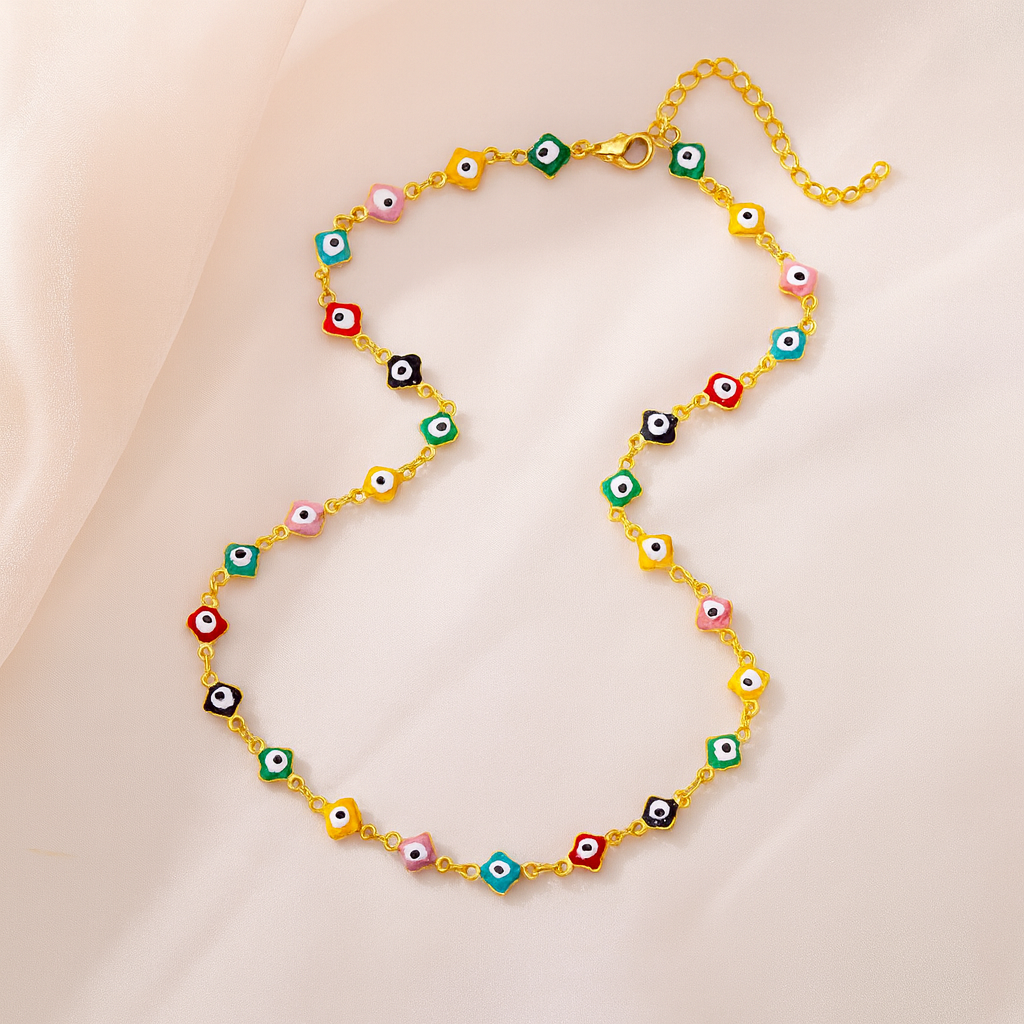Colorful Evil Eye Necklace & Bracelet Set – Gold Plated