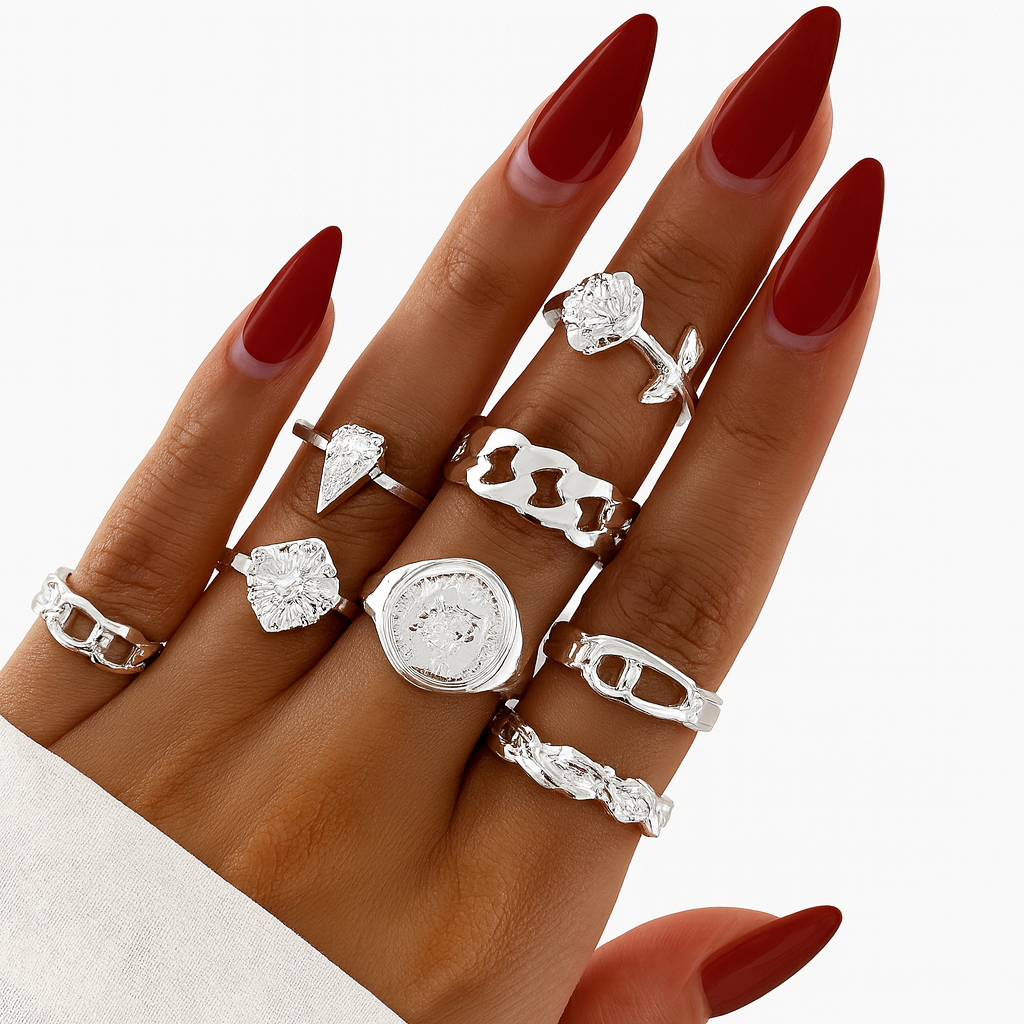 Glossy Silver Ring Set – 8-Piece Modern Collection