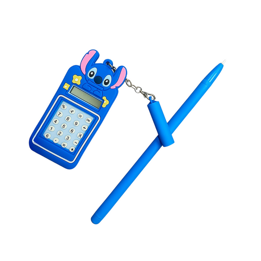 Stitch Cartoon Blue Pen with Mini Calculator – Keychain Combo