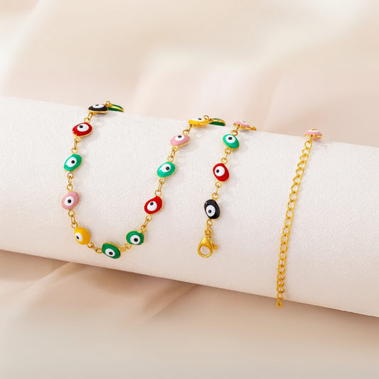 Colorful Evil Eye Necklace & Bracelet Set – Gold Plated