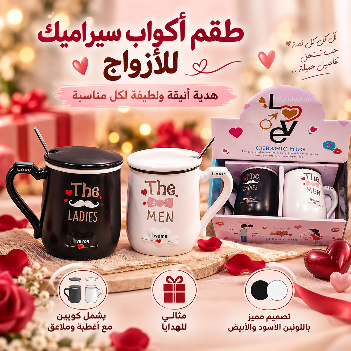 Couple Ceramic Mug Set with Lids & Spoons – Black & White
