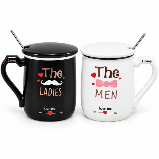 Couple Ceramic Mug Set with Lids & Spoons – Black & White