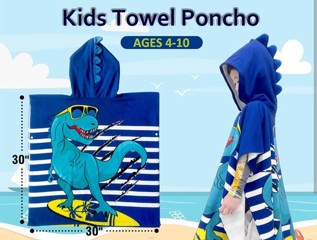Kids Dinosaur Hooded Beach Poncho Towel – Soft Quick-Dry Swim Cover-Up