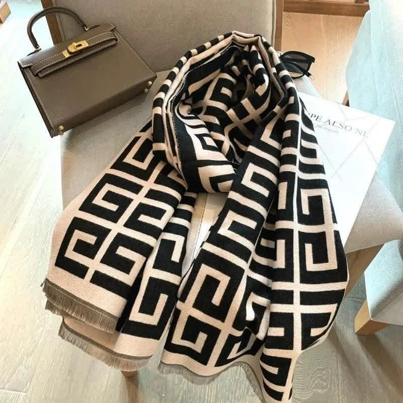 Geometric Pattern Women’s Shawl – Beige & Black