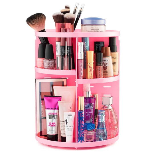 A pink rotating cosmetics and skincare organizer.