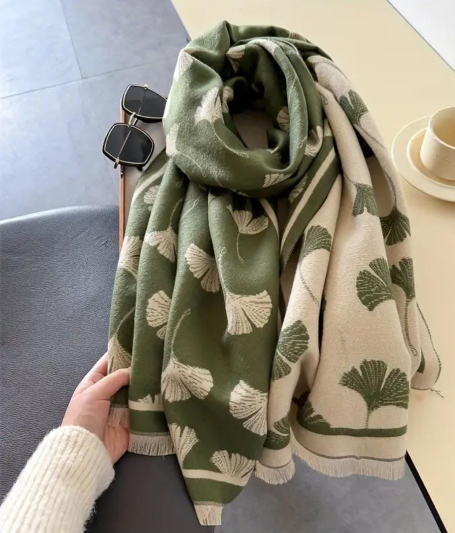 Elegant Ginkgo Leaf Print Scarf – Olive Green & Beige
