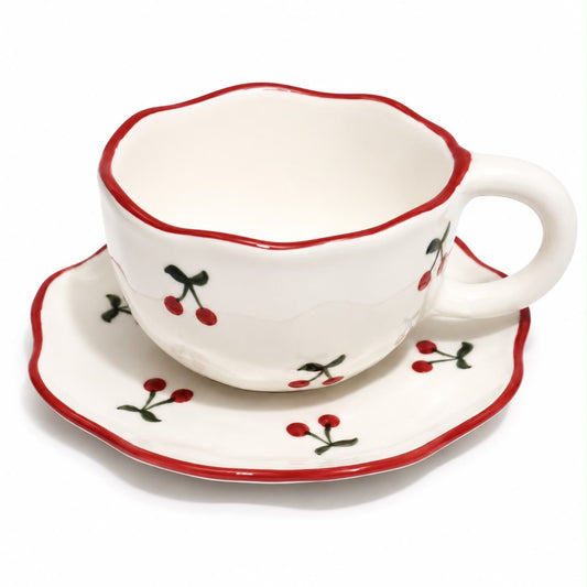 Cherry Design Ceramic Cup & Saucer Set