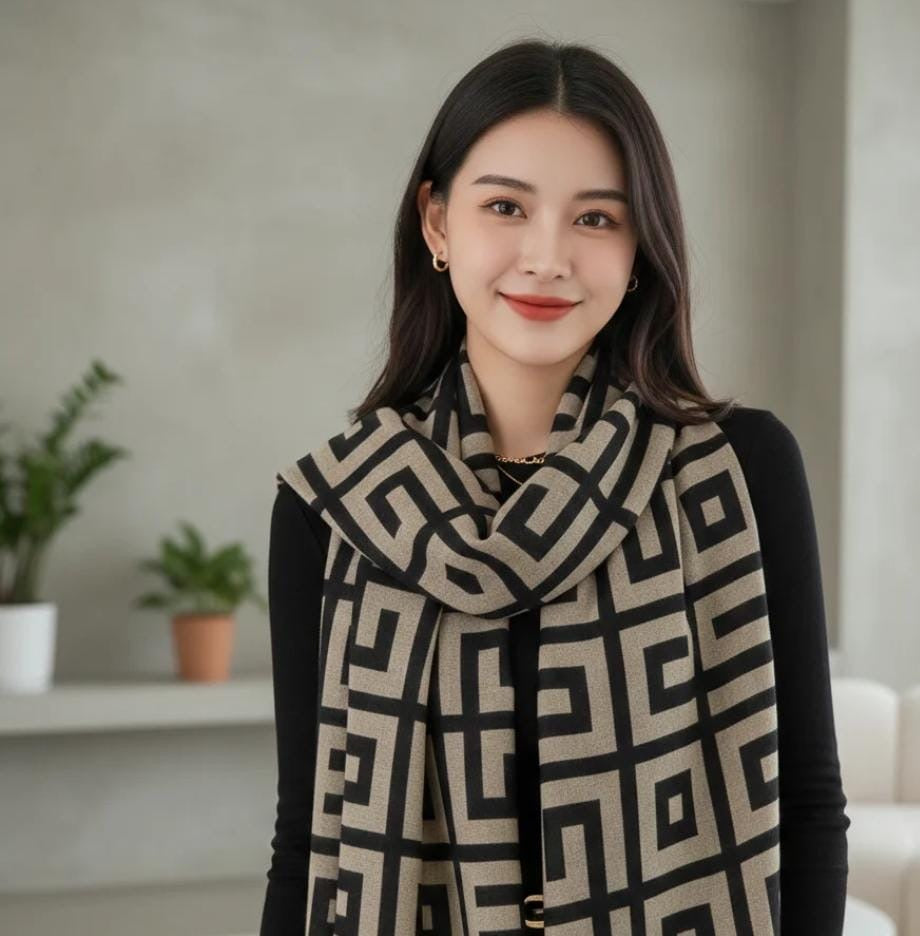 Geometric Pattern Women’s Shawl – Beige & Black