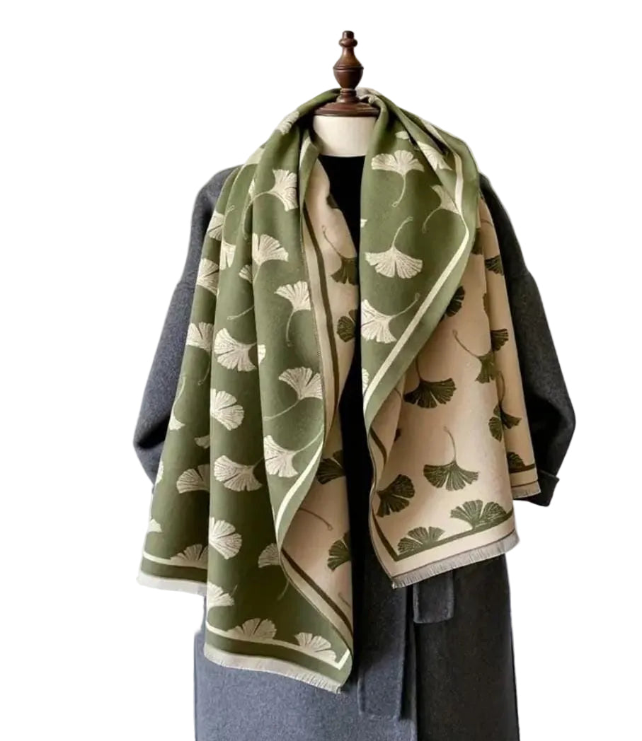 Elegant Ginkgo Leaf Print Scarf – Olive Green & Beige