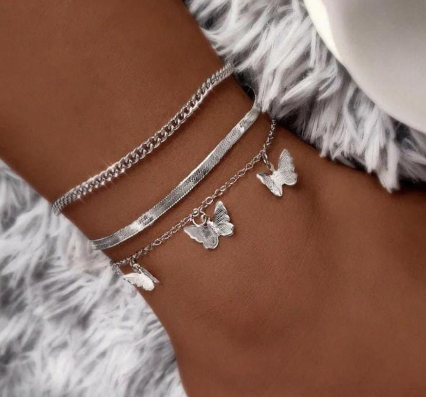 Silver Butterfly Anklet Set