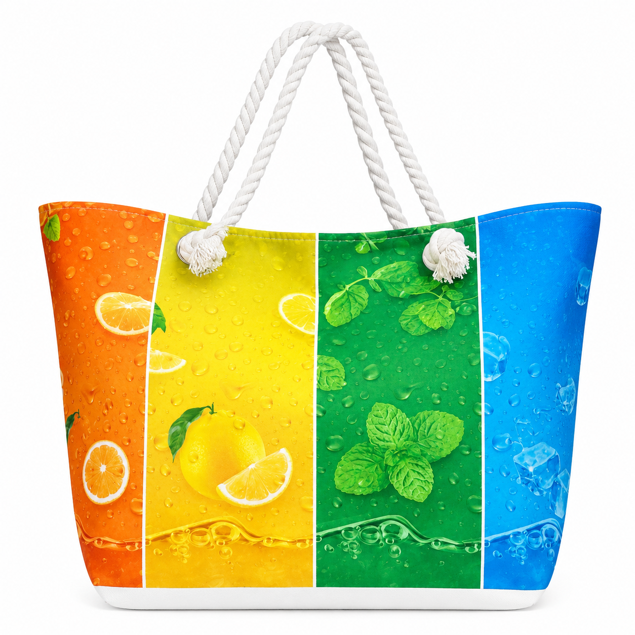 A large tote/beach bag with a colorful-inspired design.