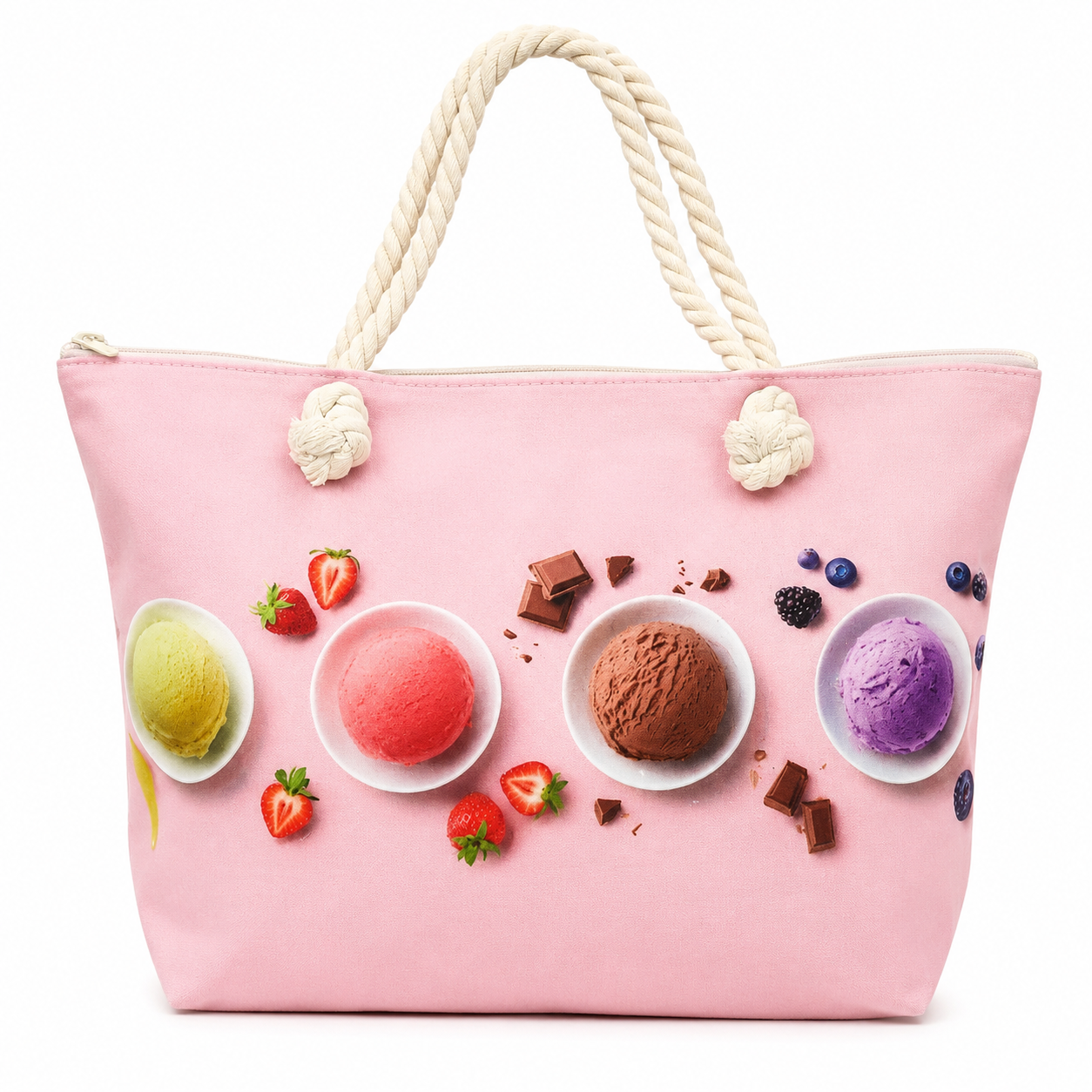 A large tote/beach bag with a colorful-inspired design.