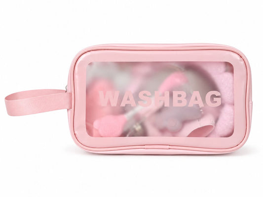 A pink multi-piece beauty and skincare accessory set