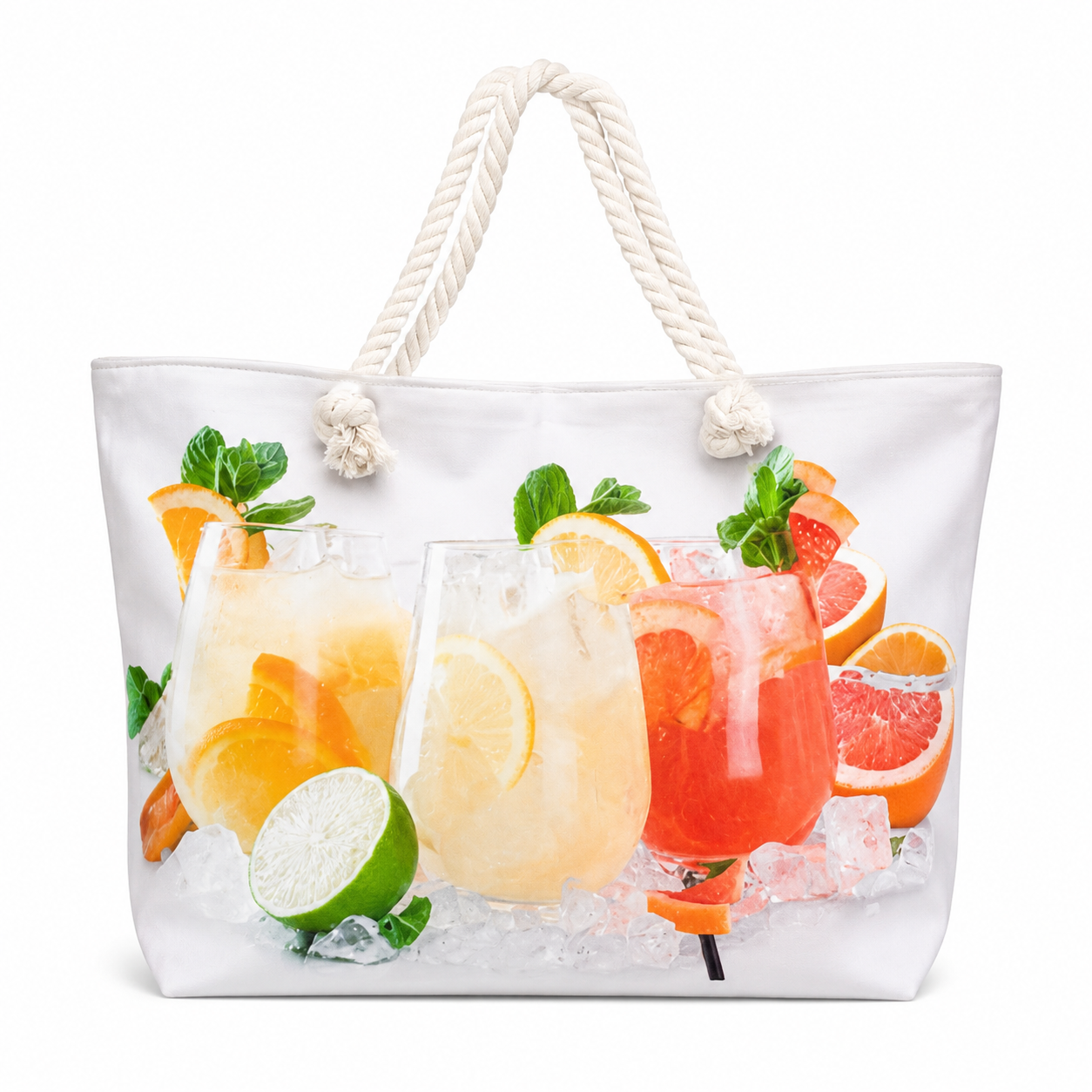 A large tote/beach bag with a colorful-inspired design.
