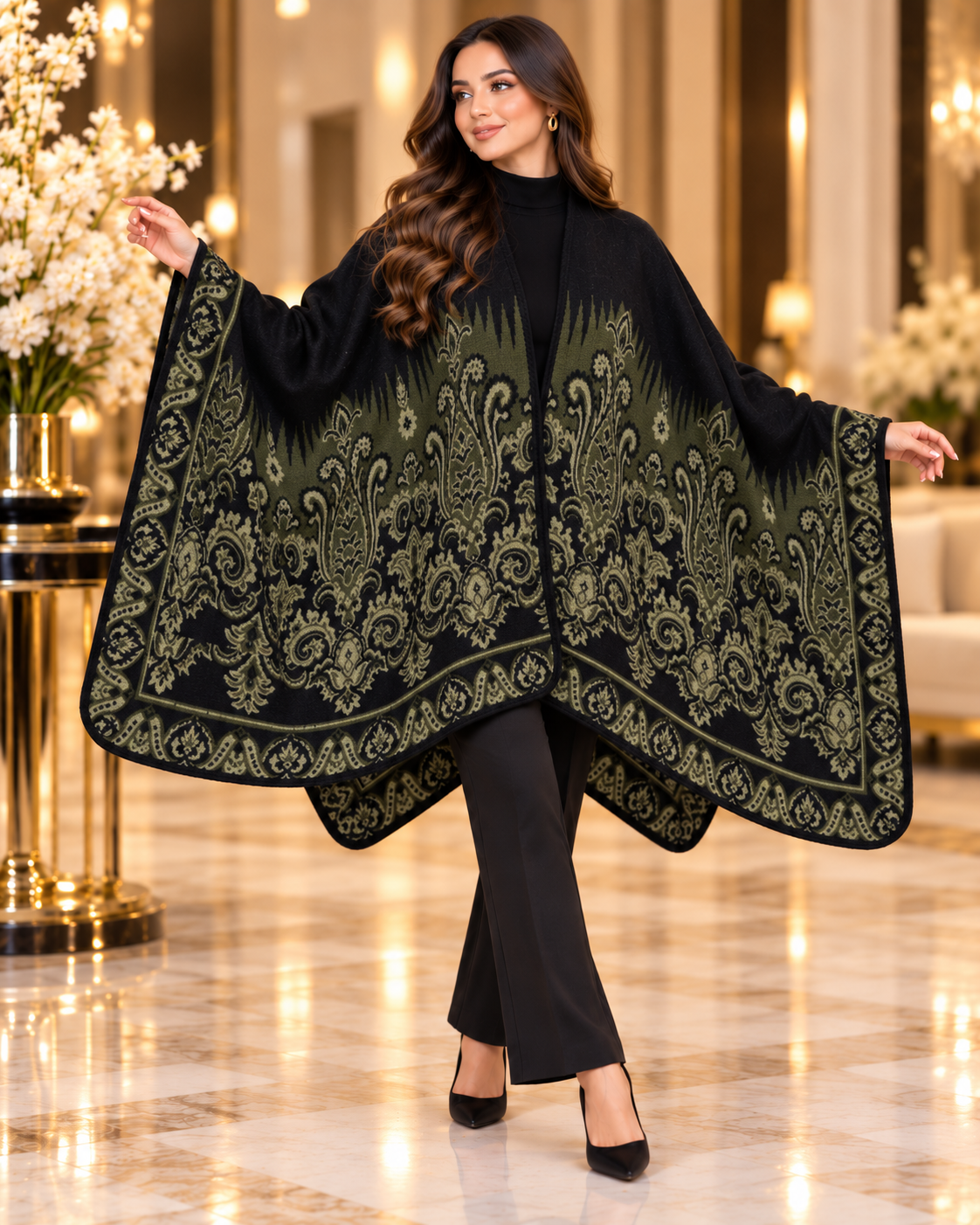 Elegant Women’s Jacquard Cape – Black & Olive