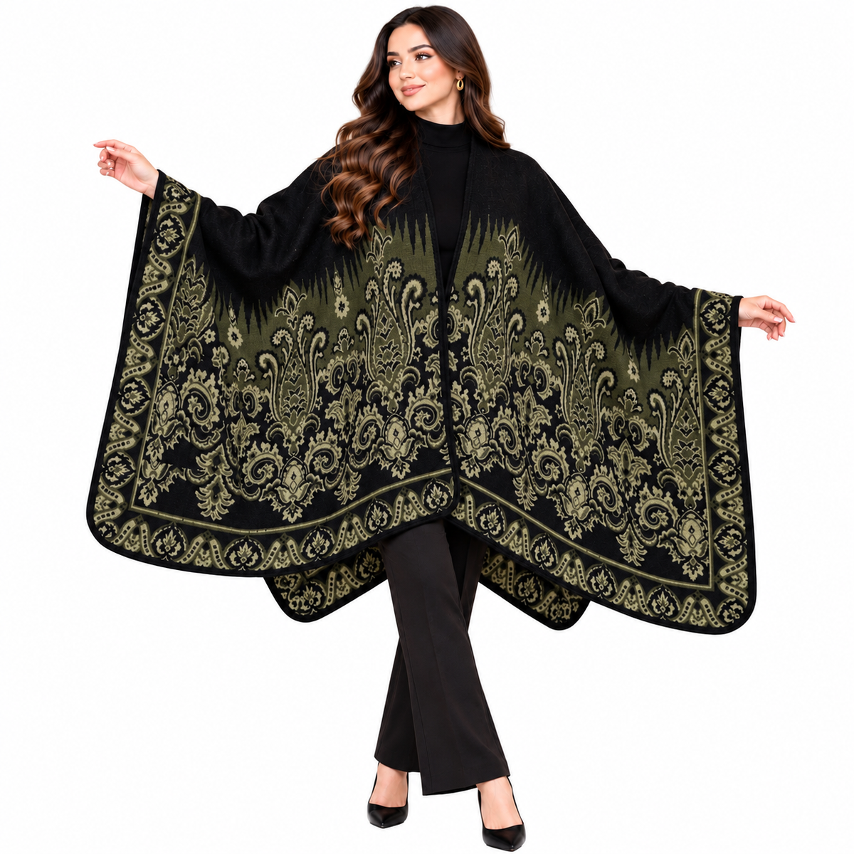 Elegant Women’s Jacquard Cape – Black & Olive