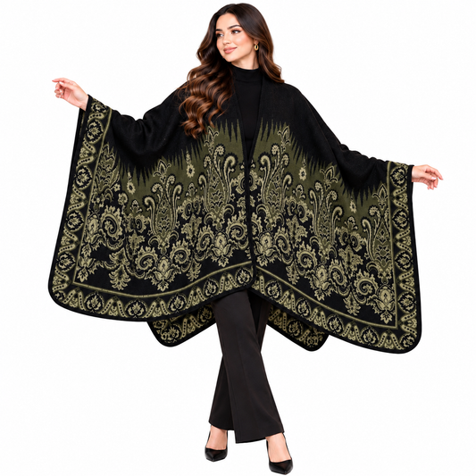 Elegant Women’s Jacquard Cape – Black & Olive