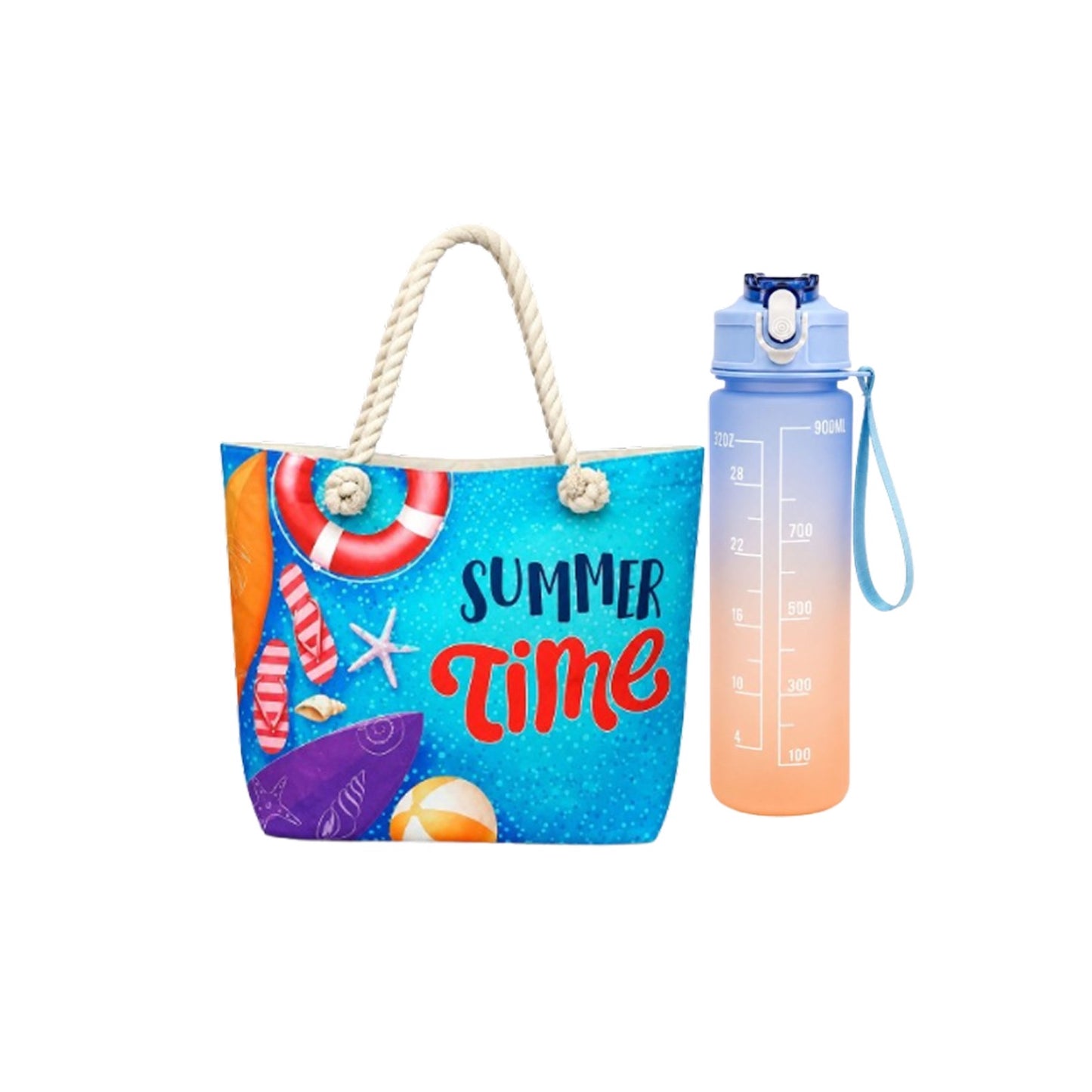 Summer Beach Tote Bag & Water Bottle Set