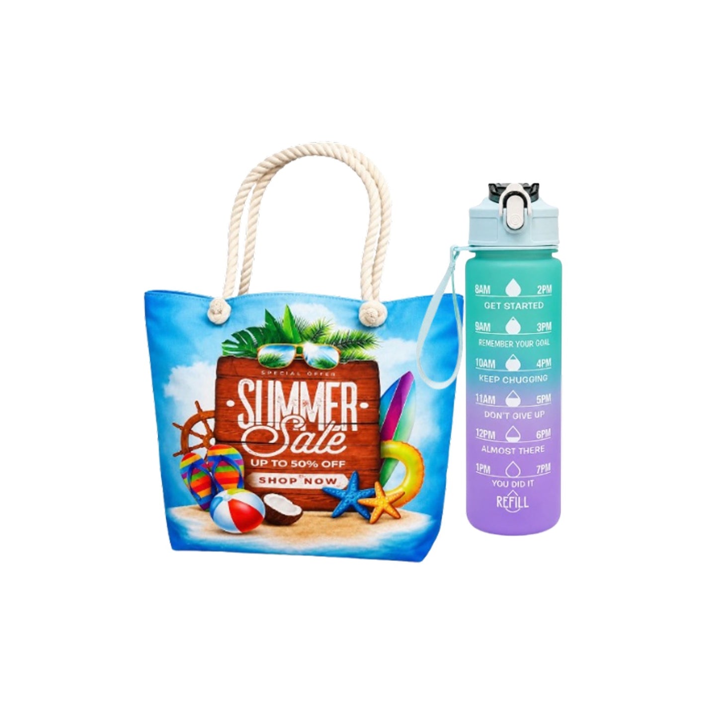 Summer Beach Tote Bag & Water Bottle Set