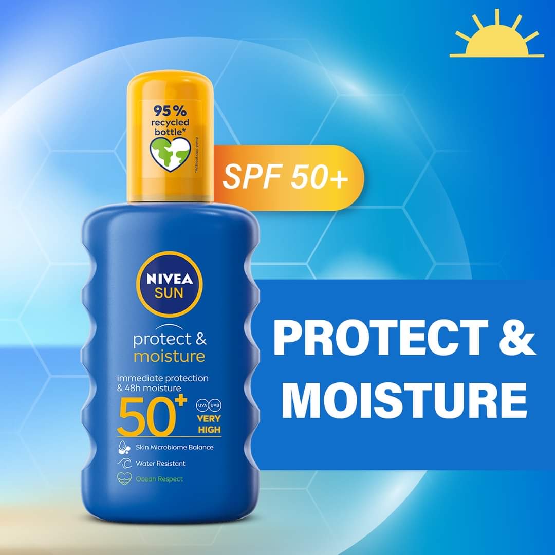 NIVEA SUN Protect & Moisture SPF 50+ sunscreen lotion.