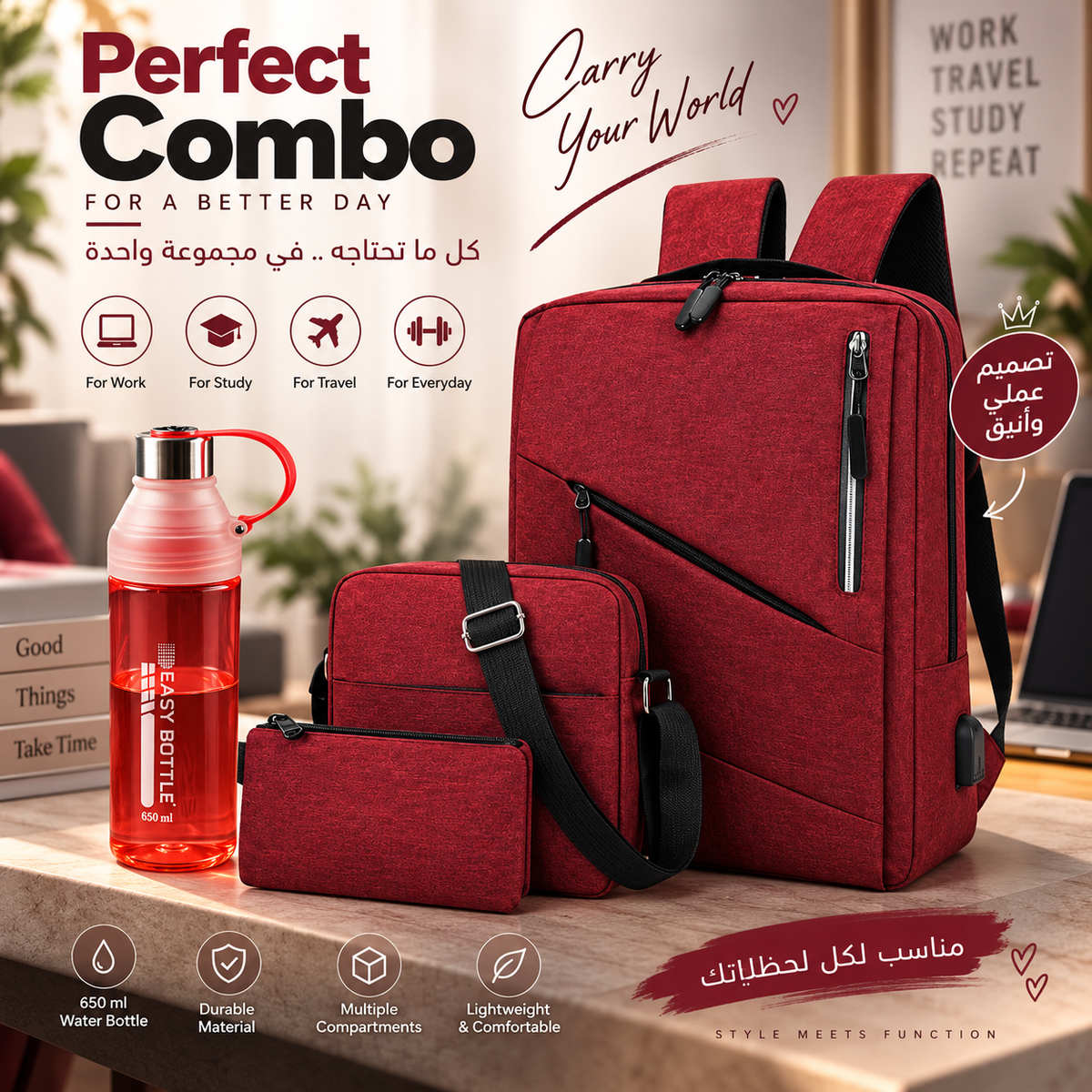 4-Piece Backpack & Accessories Set with 650ml Bottle