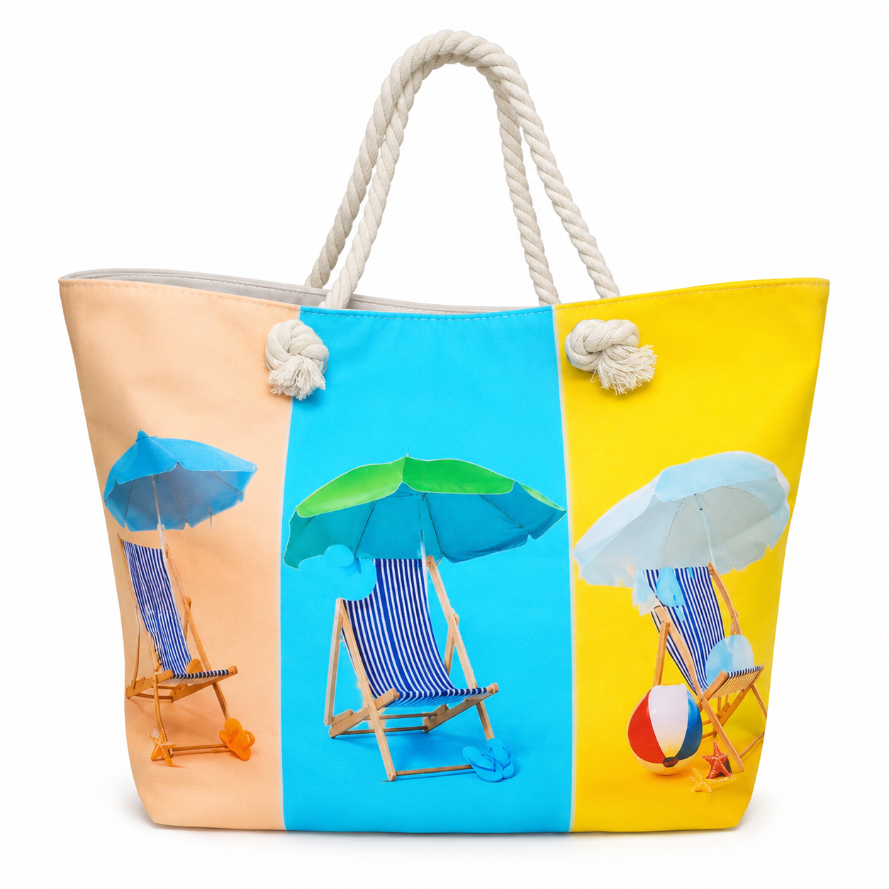 A large tote/beach bag with a colorful-inspired design.