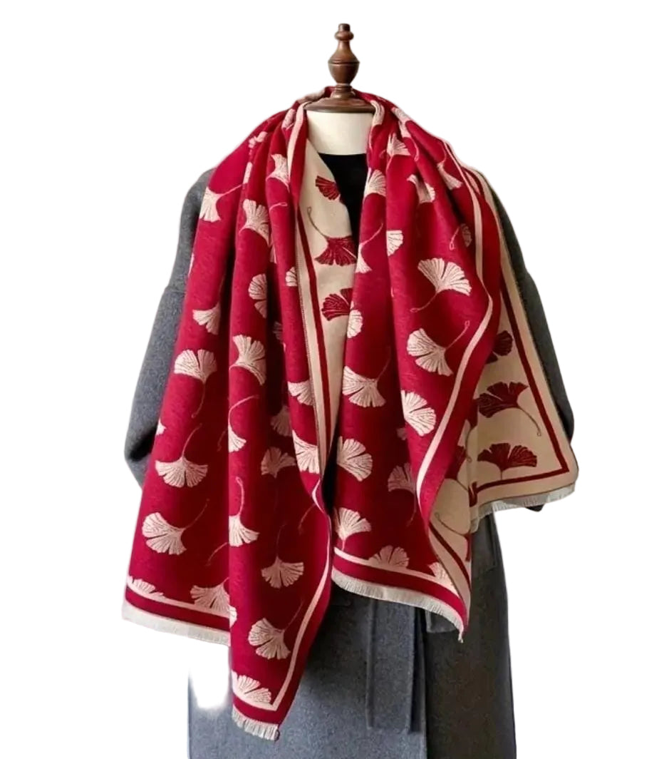 Elegant Ginkgo Leaf Print Scarf – Red & Beige