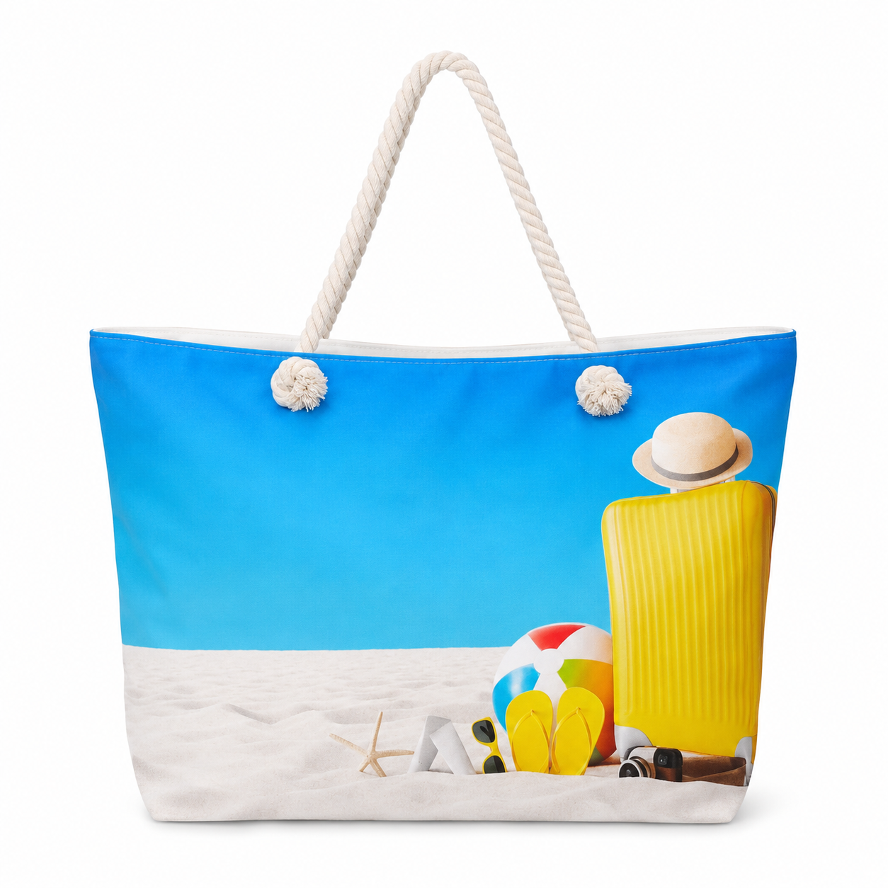 A large tote/beach bag with a colorful-inspired design.