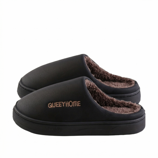 QUEEY HOME Leather-Style Fleece Lined Slippers