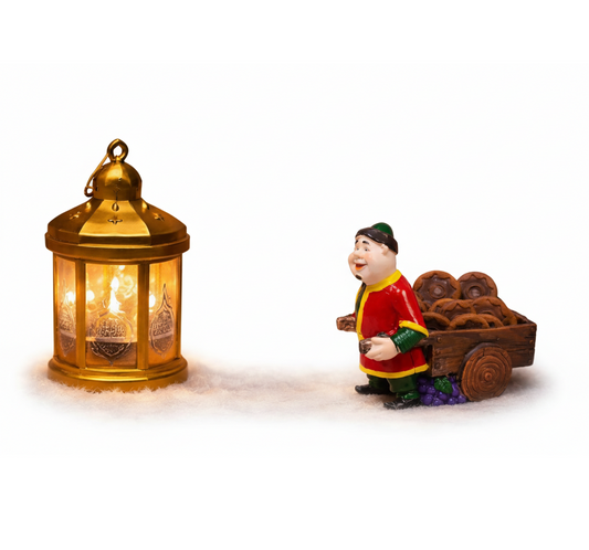 Traditional Golden Lantern and Merchant Figurine Set