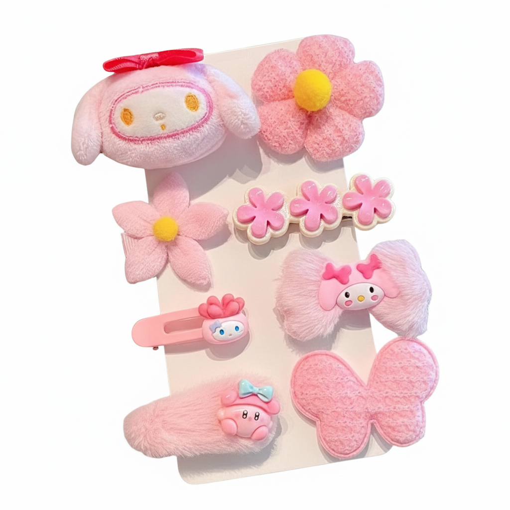 Kawaii Pink Plush & Resin Hair Accessory Set