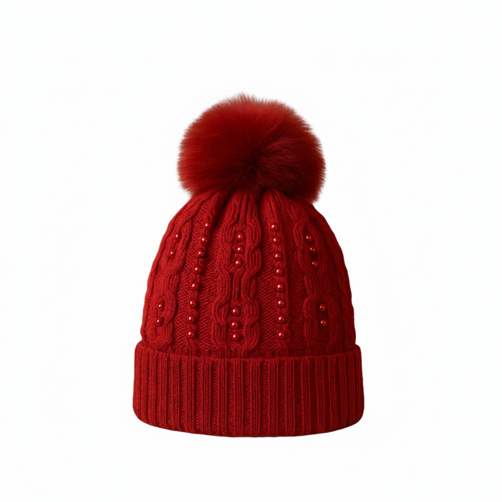Soft Knit Beanie with Pearl Embellishments & Fur Pom