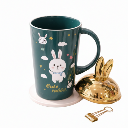 Whimsical "Cute Rabbit" Ceramic Mug with Golden Bunny Ear Lid