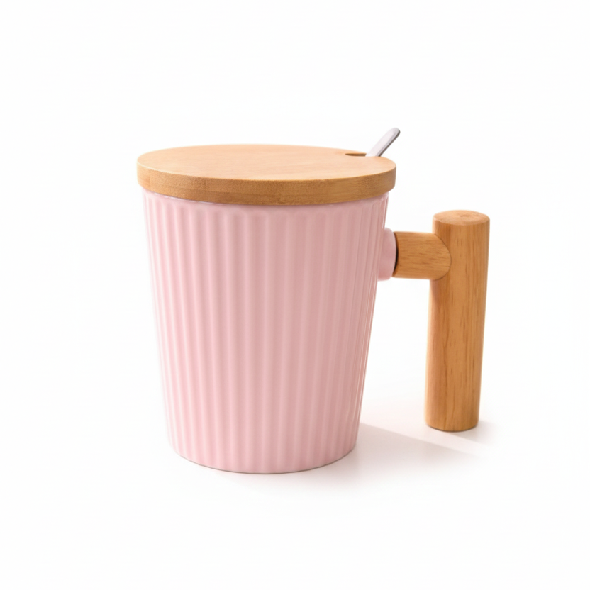 Ceramic Coffee Mug with Wooden Handle and Lid