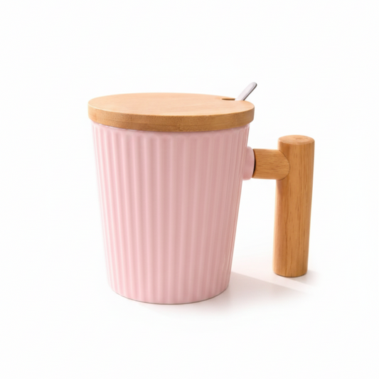 Ceramic Coffee Mug with Wooden Handle and Lid